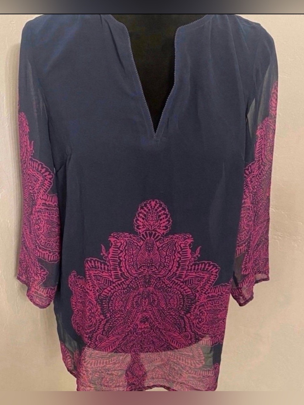 Women's Long Sleeve Navy Tunic Top with Pink Lace-Style Print (Size S)
